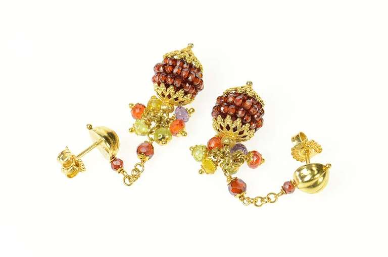 18K Yellow Gold Dangle Ball Autumn Fall Color Beaded Earrings