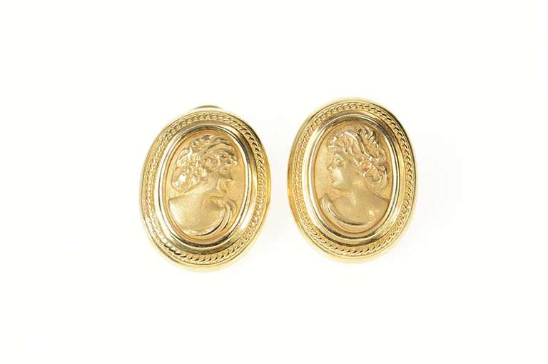 14K Yellow Gold Ornate Repousse Lady Cameo French Clip Earrings