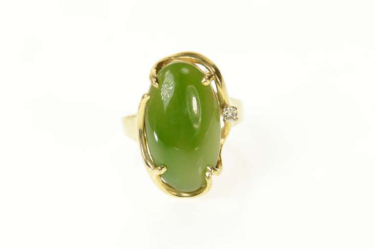 14K Yellow Gold Marquise Nephrite Diamond Retro Cocktail Ring