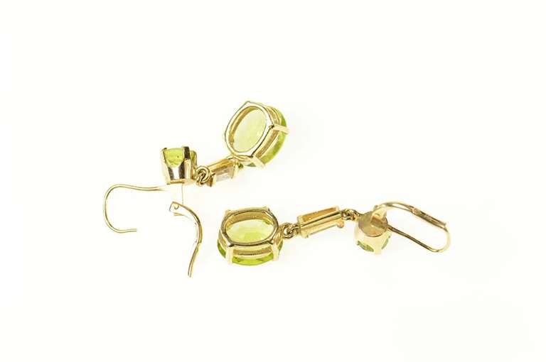 14K Yellow Gold Peridot Dangle CZ Baguette Accent Statement Earrings