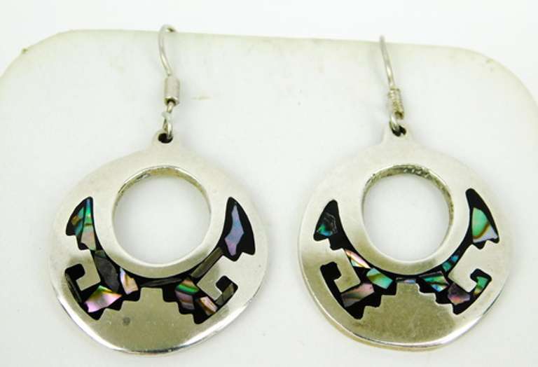 Vintage Sterling Mexico  Inlaid Drop Hoop Earrings
