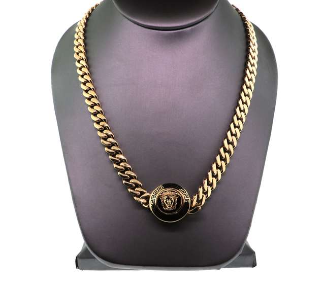 Classical Greek 14k Gold and Onyx Necklace with Hermes