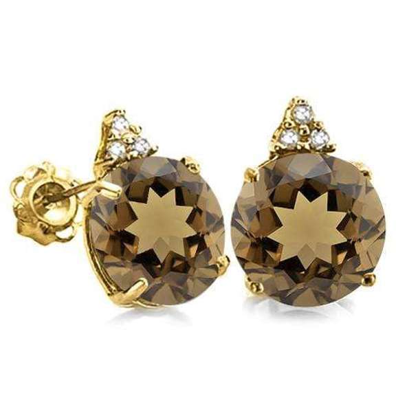 100% SOLID 10KT YELLOW GOLD ROUND SHAPE SMOKEY TOPAZ AND 6 DIAMONDS EARRINGS STUD