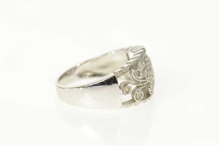 14K White Gold Pave Diamond Flower Scroll Wedding Band Ring
