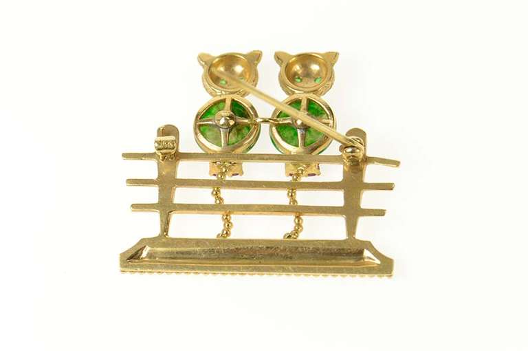 14K Yellow Gold 1960's Diamond Jade Ruby Fence Cats Pin/Brooch
