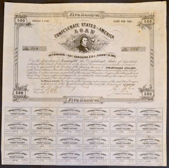 Jan 15 1863 $500 Confederate States Of America Coupon Bond