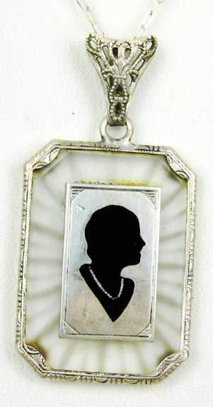 1920's Sterling Camphor Glass Silhouette Pendant & Chain