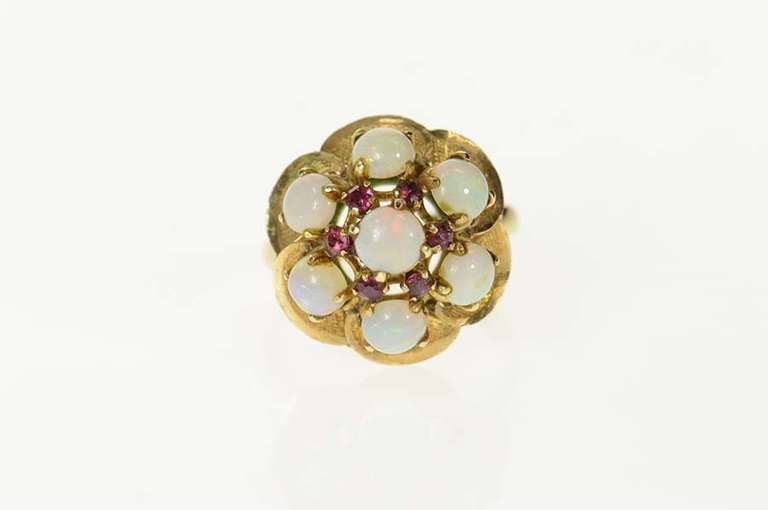 14K Yellow Gold Retro Opal Ruby Halo Cluster Cocktail Ring