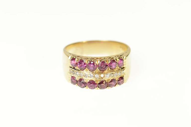 14K Yellow Gold Ornate Ruby Diamond Filigree Band Ring