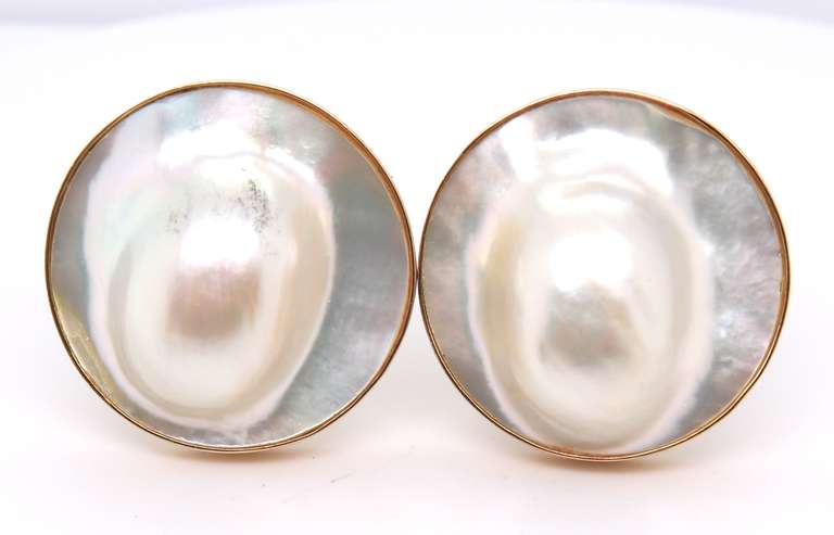 Charming Yellow Gold Bezel Set Mabe Pearl Earrings