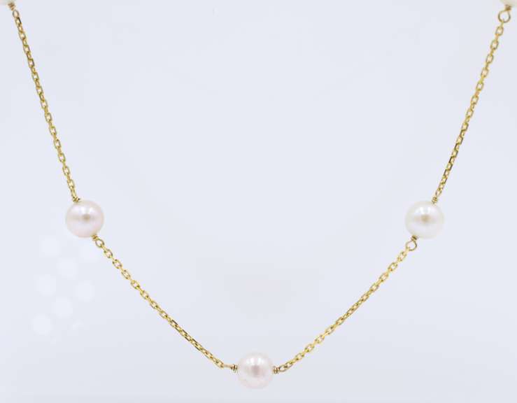 Elegant 5.5mm Pearl Station Yellow Gold Necklace