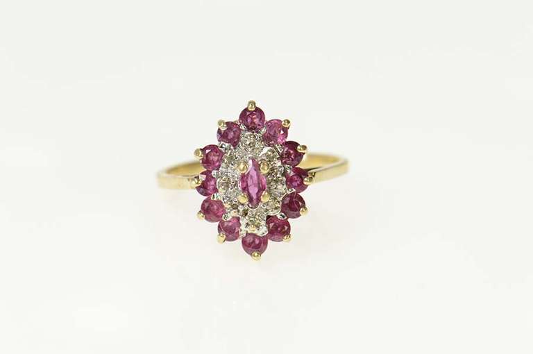 10K Yellow Gold Marquise Ruby Diamond Halo Statement Ring