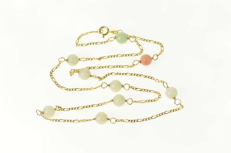 14K Yellow Gold Pale Green Quartz & Coral Retro Chain Necklace