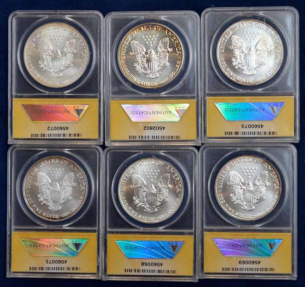 Lot Of 6 ANACS Graded American Silver Eagles MS61-MS66