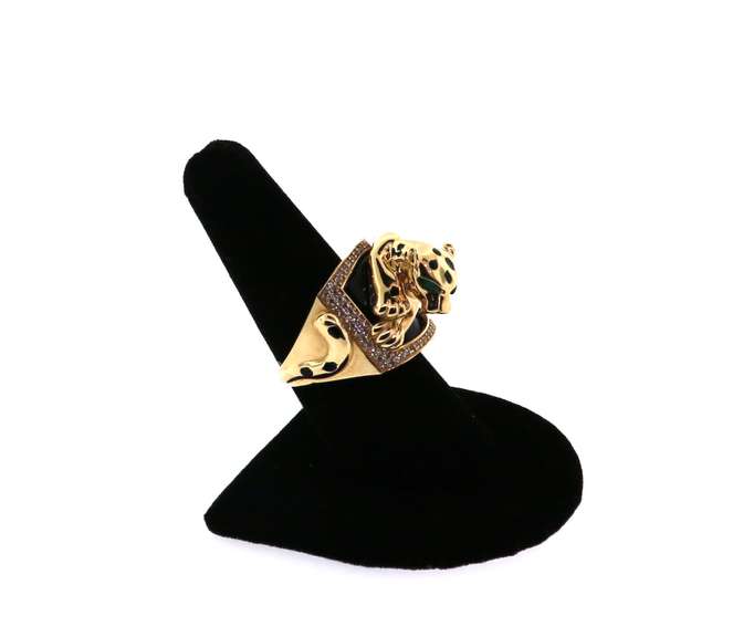 Illustrious Handmade Italian 14k Gold and Onyx Signet Ring with resting Panther