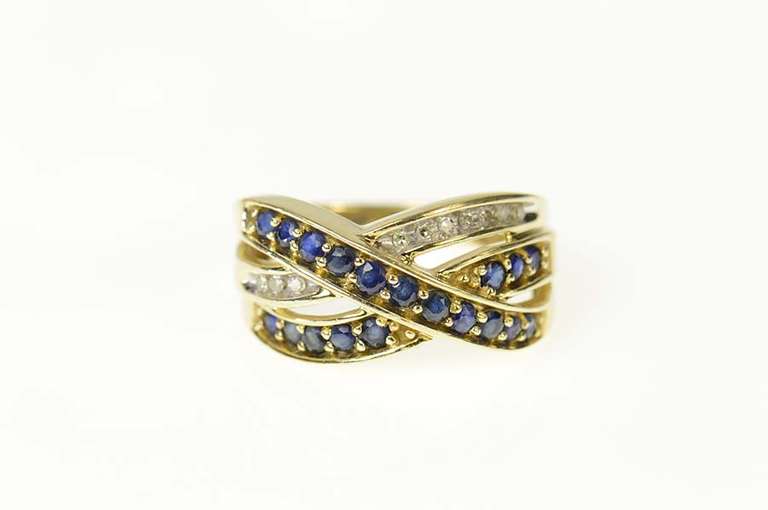 10K Yellow Gold Sapphire Diamond Criss Cross Statement Band Ring