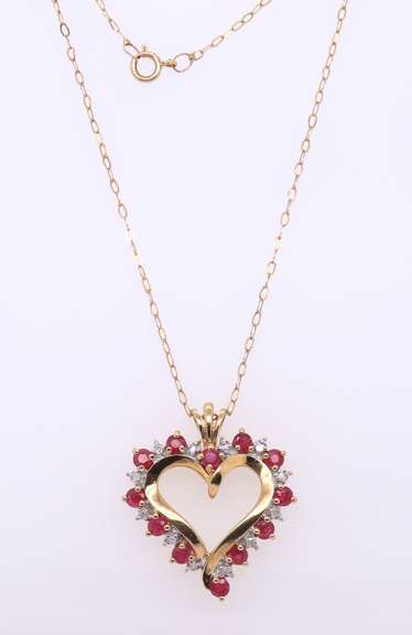 Charming Yellow Gold Ruby & Diamond Open Heart Necklace