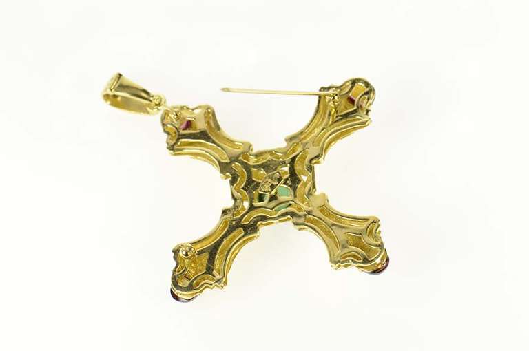18K Yellow Gold Ornate Pink & Green Tourmaline Cross Pendant/Pin
