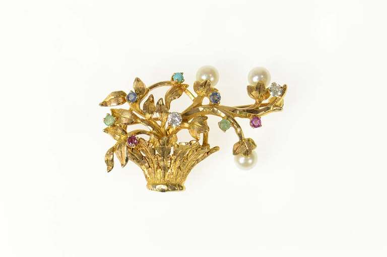 14K Yellow Gold Retro Floral Pearl Vine Basket Bouquet Pin/Brooch