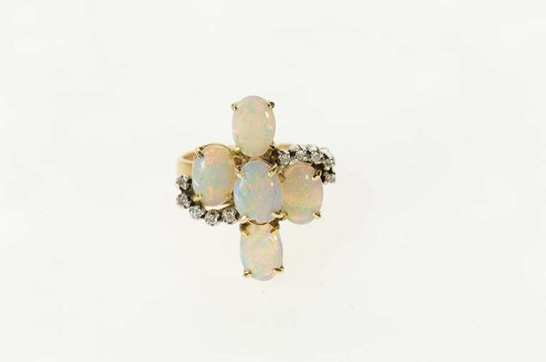 14K Yellow Gold Ornate Natural Opal Diamond Accent Cocktail Ring