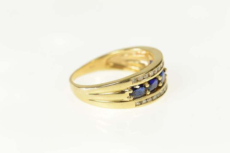 14K Yellow Gold Oval Natural Sapphire Diamond Row Statement Ring