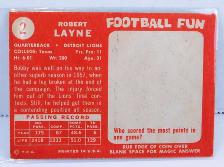 Bobby Layne Topps #2 Football Card