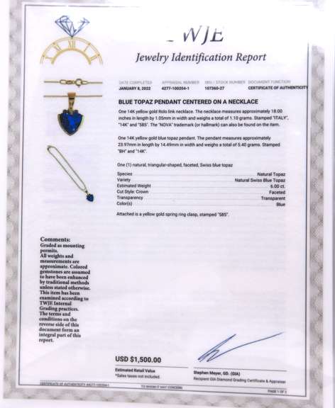 Handsome Yellow Gold Blue Topaz Pendant on Chain