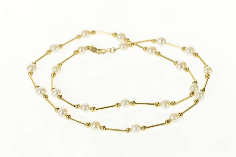 14K Yellow Gold 5.0mm Pearl Bar Link Classic Statement Necklace
