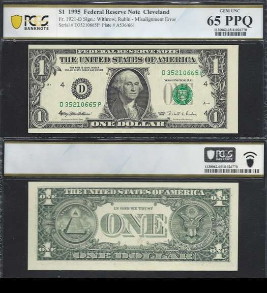 Faulty Alignment $1 1995 FRN, Dramatic PCGS Gem Uncirculated 65PPQ