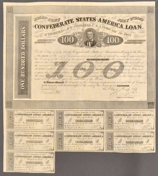 Feb 20 1863 $100 Confederate States Of America Series Coupon Bond.