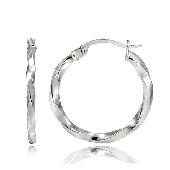 Sterling Silver 2mm Twist Round Hoop Earrings, 20mm