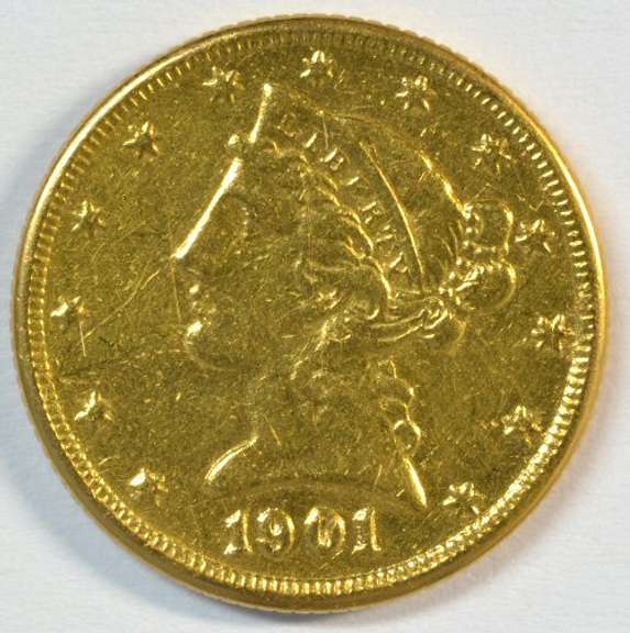 Sharp 1901-S US $5 Liberty Gold Piece. Cleaned