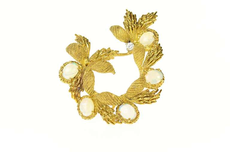 18K Yellow Gold Opal Diamond Retro Leaf Cluster Statement Pendant/Pin