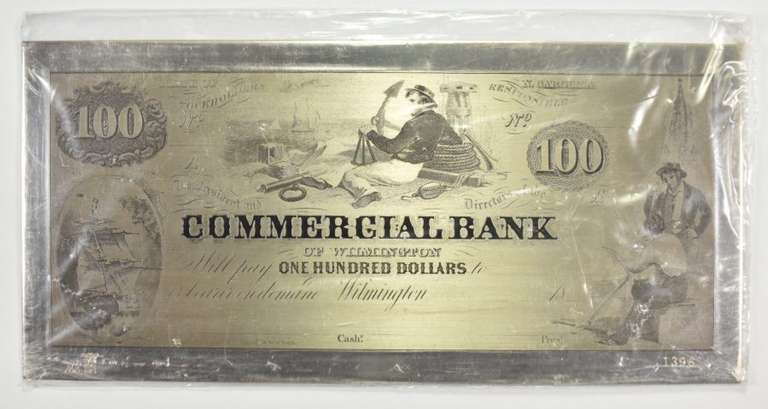 $100 Commercial Bank Of Wilmington 151 G .925 Sterling Silver Art Bar
