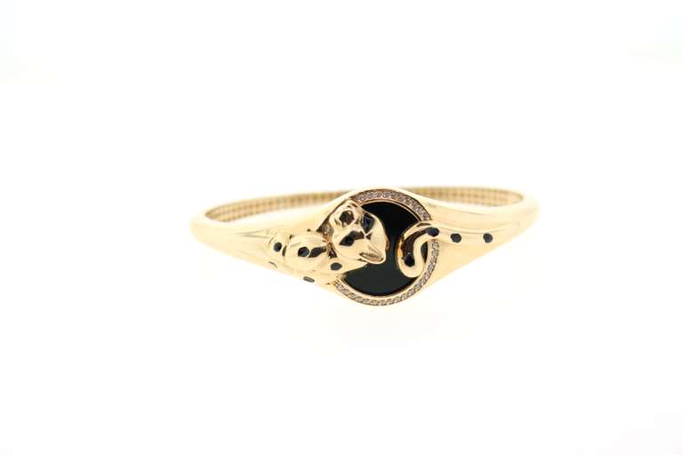 Tempting Handmade Italian 14k Gold and Onyx Panther Bangle Bracelet rimmed with Cubic Zirconias