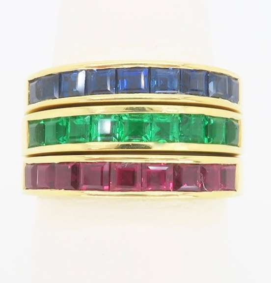 Set of 18k Sapphire, Emerald, Ruby Bands