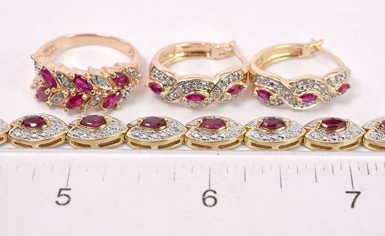Ruby and Diamond Jewelry Set in Gold Plated Sterling Silver