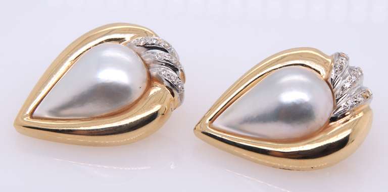 Dreamy White Gold Mabe Pearl and Diamond Clip on Earrings