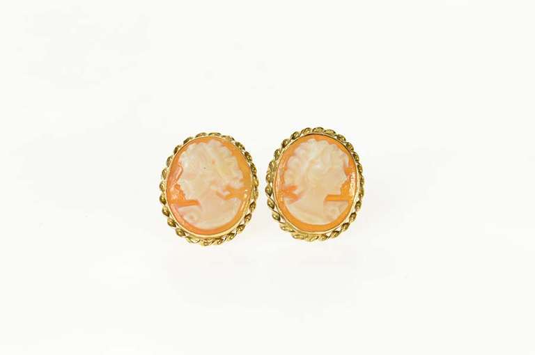 14K Yellow Gold Carved Shell Cameo Lady Statement Stud Earrings