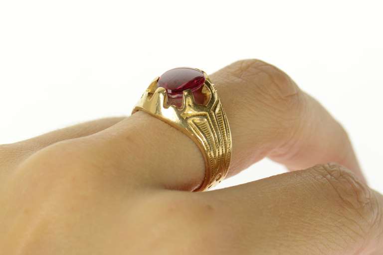 14K Yellow Gold 1930's Ornate Syn. Ruby Statement Ring