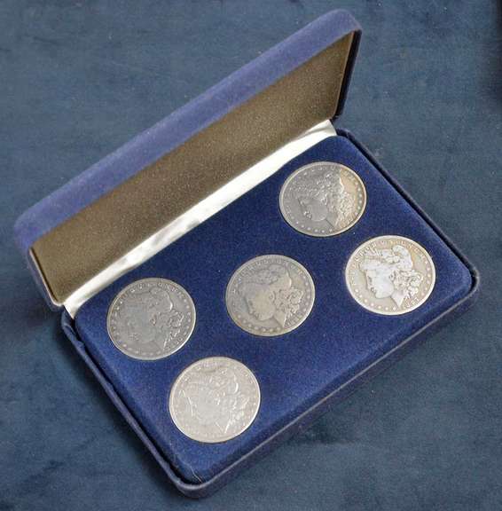 Lot Of 5 Morgan Silver Dollars, Circulated. In Display Box.