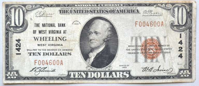 $ 10 1929 Wheeling West VA National Series Note
