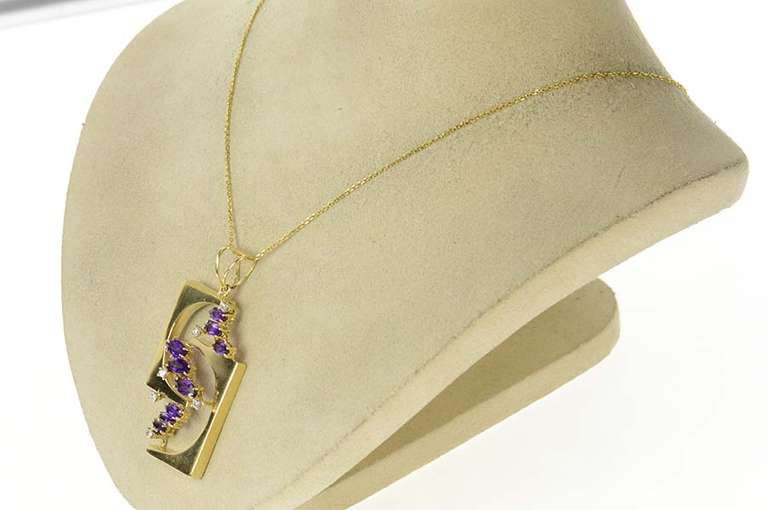 14K Yellow Gold Ornate Amethyst Diamond Geometric Pendant