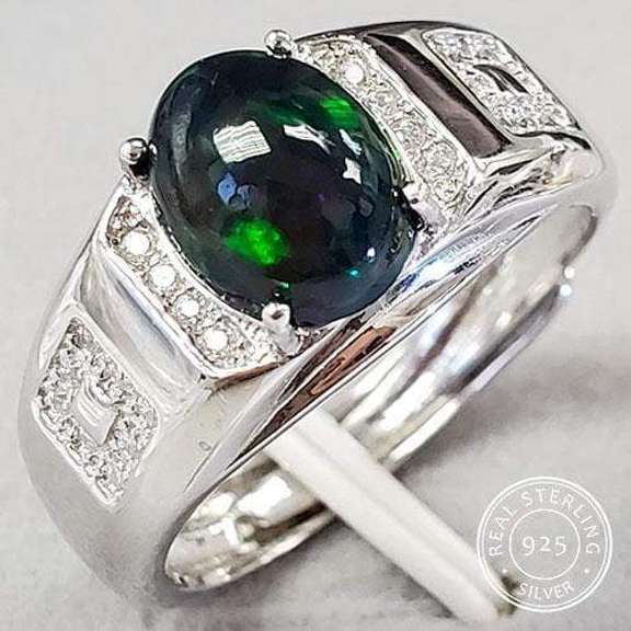 NEW! GENUINE ETHIOPIAN OPAL & CREATED WHITE SAPPHIRE MENS ADJUSTABLE 925 STERLING SILVER RING