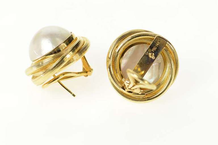 14K Yellow Gold Mabe Pearl Retro Ornate Twist French Clip Earrings