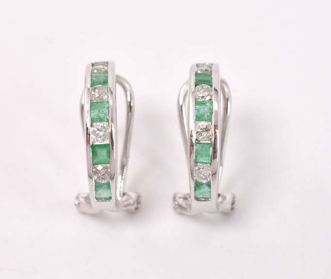 Dazzling Diamond and Emerald Earrings in 14K White Gold