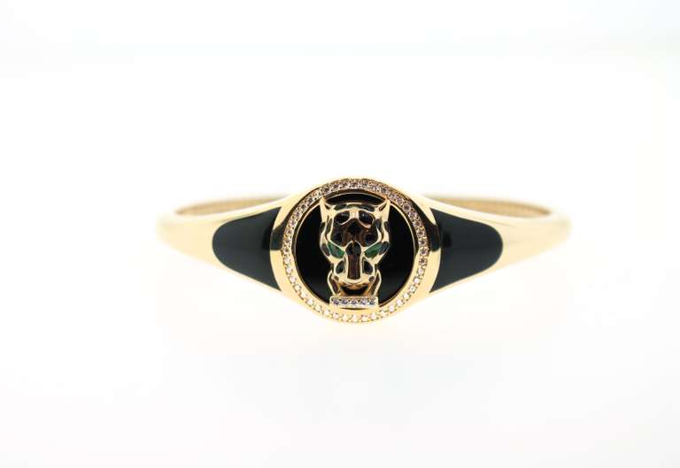 Agressive 14k Gold and Onyx Panther Bangle Bracelet Handmade Italian with Cubic Zirconias
