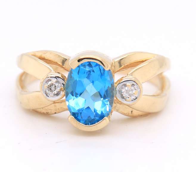 Favorite Yellow Gold Blue Topaz and Diamond Half Bezel Ring