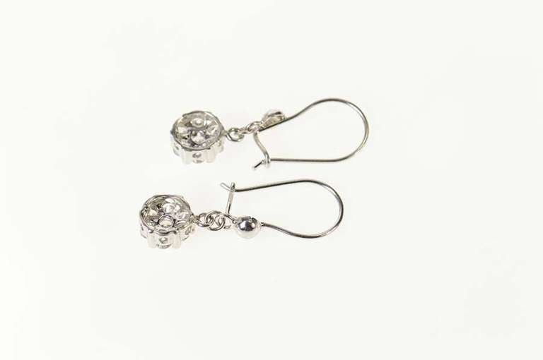 14K White Gold Classic Flower Round Cluster Dangle CZ Earrings