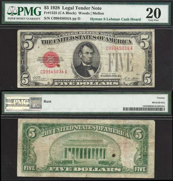 $5 1928 Legal Tender Fr.1525 PMG Very Fine 20